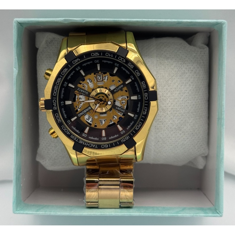 Binbond Gold Colored Stainless Steel Waterproof Luminous Quartz Watch - NEW